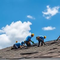 team-construction-workers-repairing-roof-tile-house-roof-shed-sunny-day